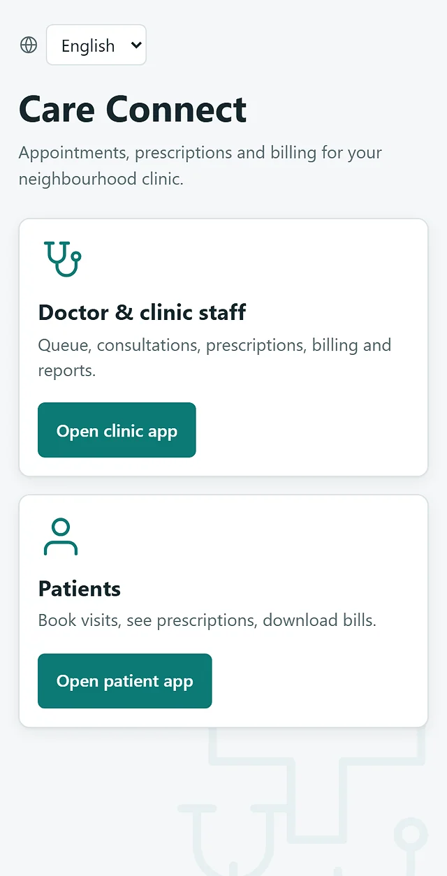 Care Connect: ફોન સ્ક્રીન, લાઇટ થીમ